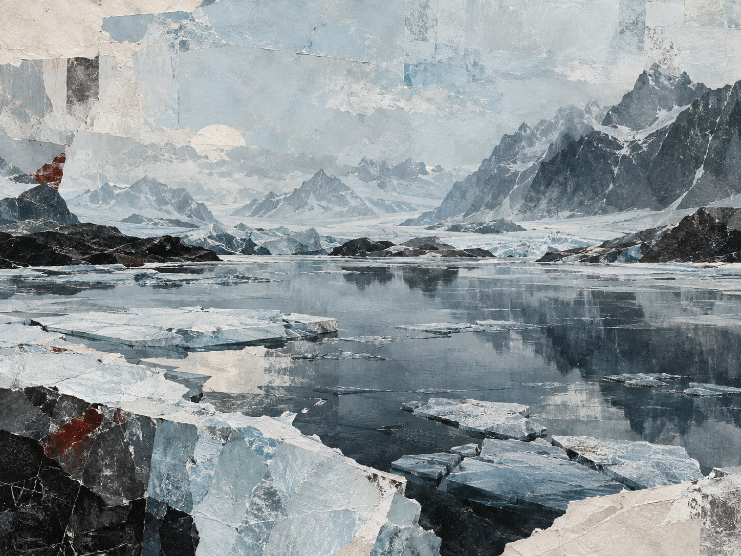 Blue-grey mountain landscape with broken ice floating across reflective water.