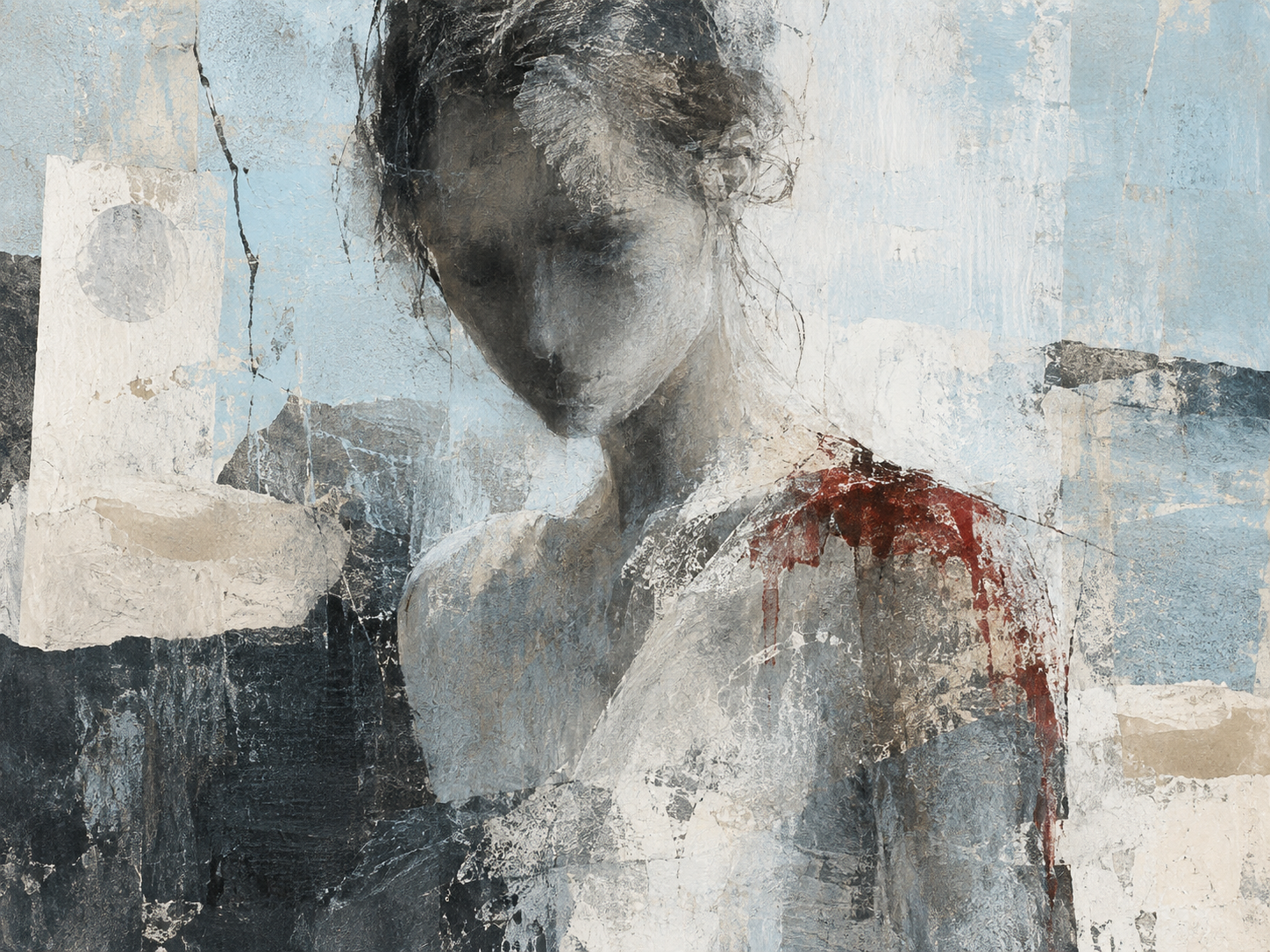 Obscured human figure rendered in charcoal, ivory and pale blue with a dark-red mark near the shoulder.