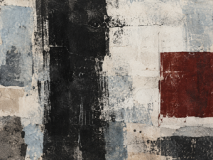 Abstract mixed-media composition with black, pale-blue, ivory and dark-red geometric forms.